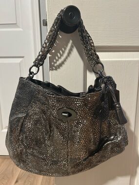 Coach Metallic Bronze Pebbled Leather Shoulder Bag with Chain Straps